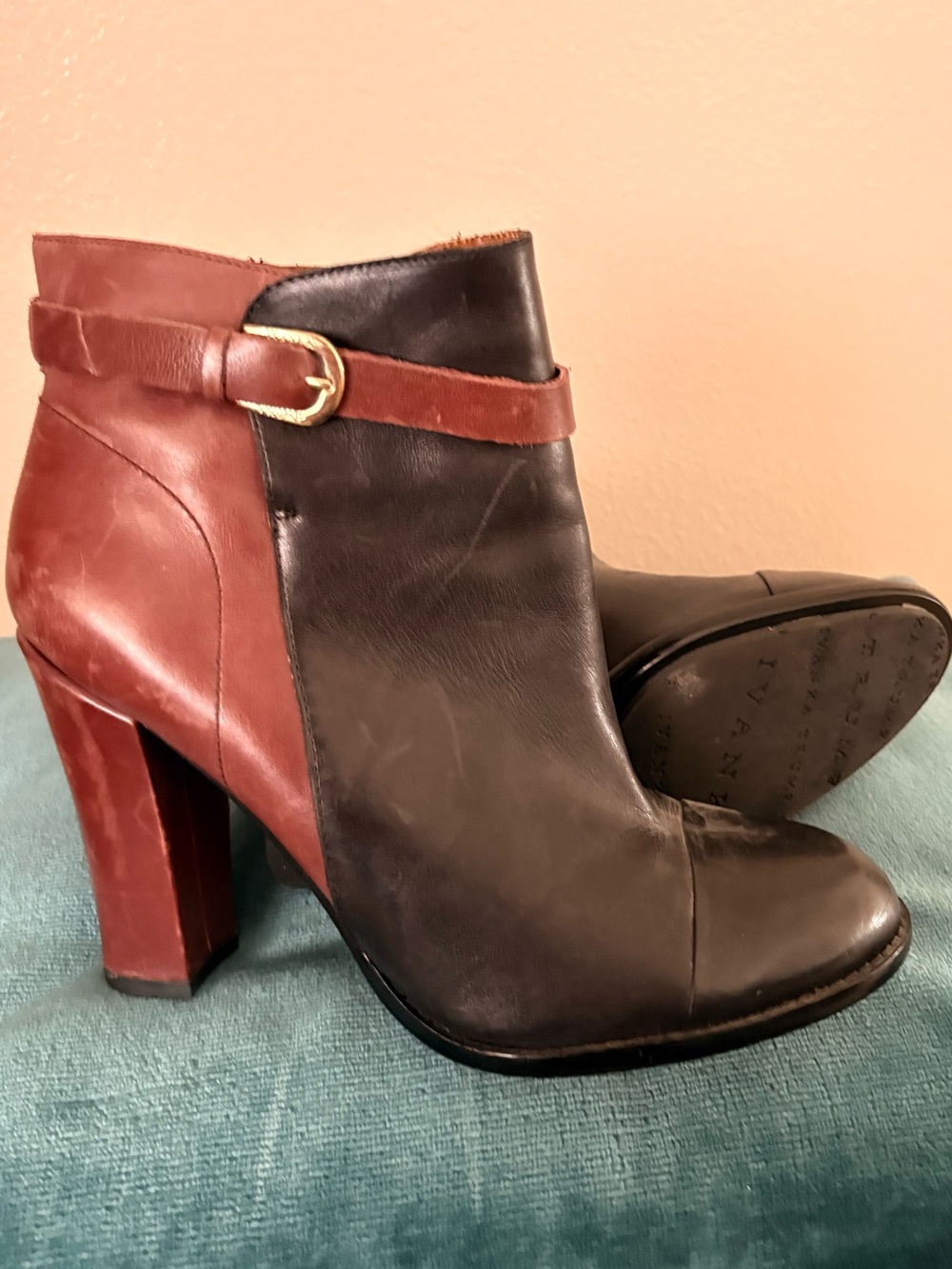 Ivanka Trump 9.5M Leather Ankle Boots Black Burgundy Buckle Heels NWOB